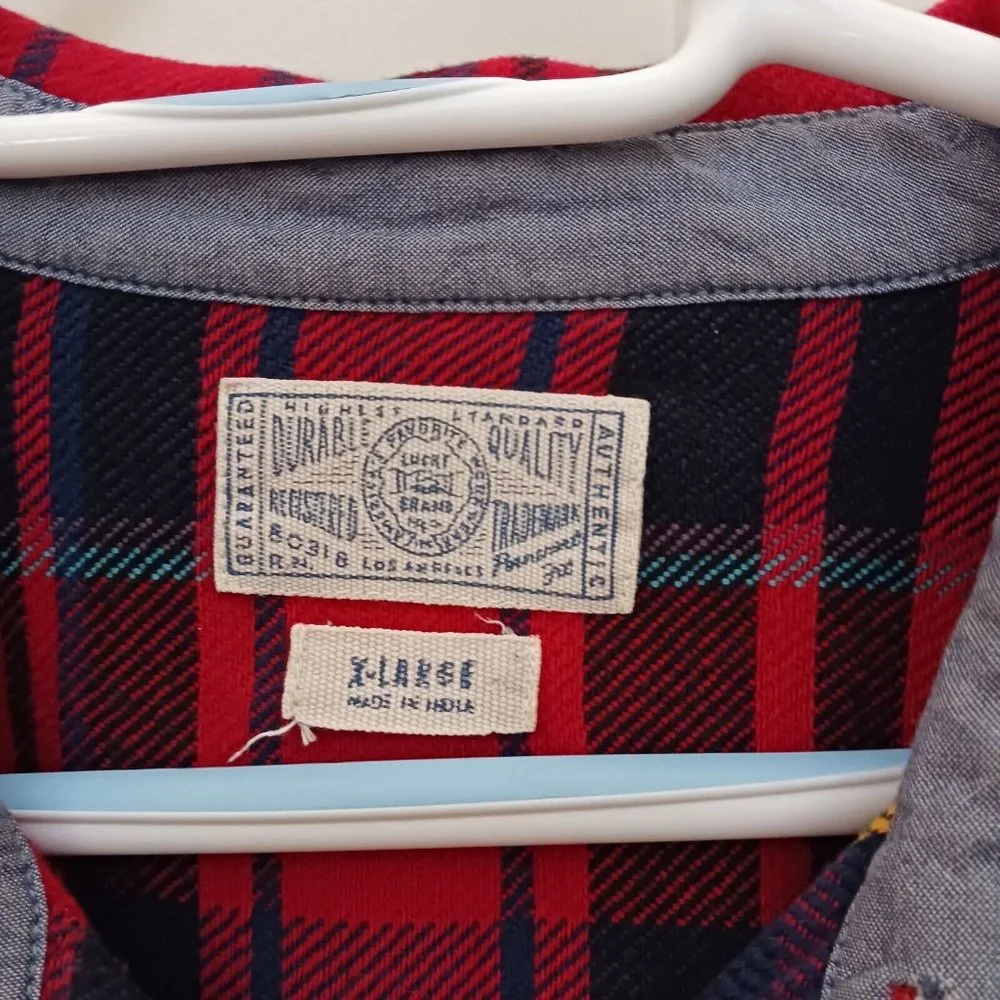 Vintage Lucky‎ Brand Button Front Shirt Red Plaid Mens XL